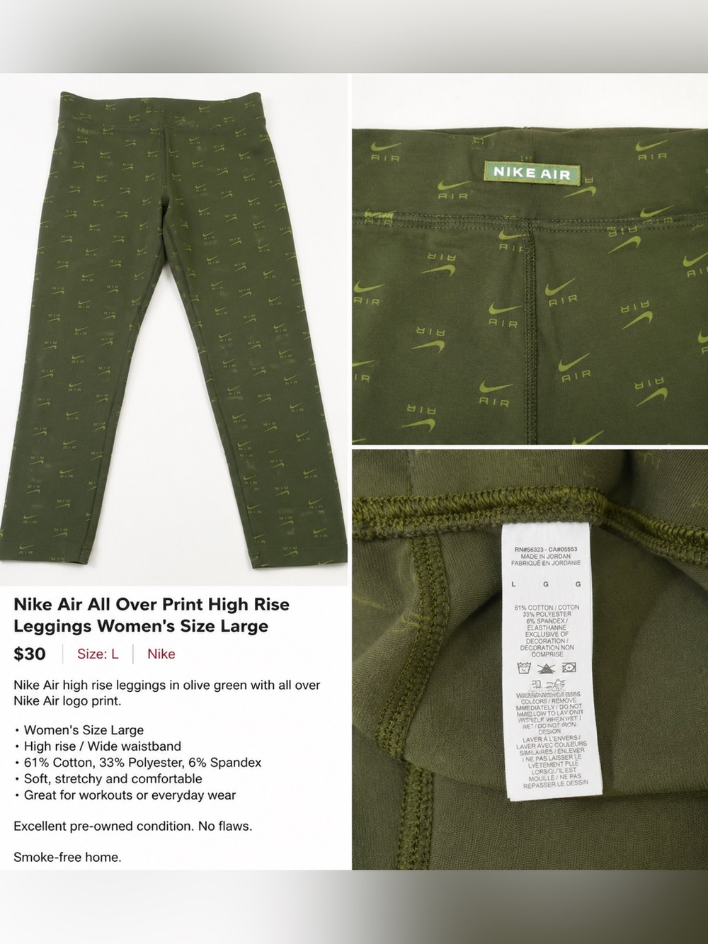 Nike Olive Green Leggings with All-Over Nike Air Print